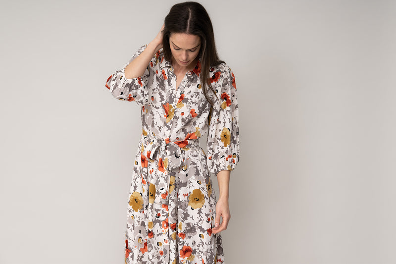 MAJORELLE EVERYDAY MIDAXI SHIRT DRESS IN BURNT ORANGE/GREY FLORAL PRINT