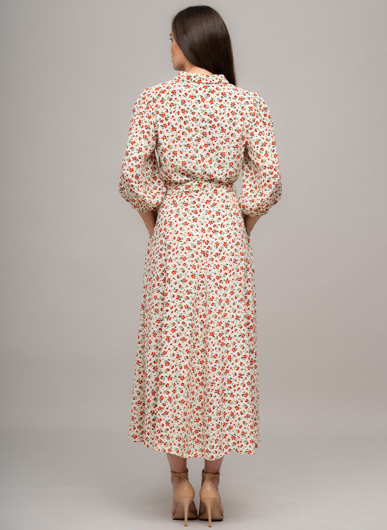 MAJORELLE EVERYDAY MIDAXI SHIRT DRESS IN IVORY/RED FLORAL PRINT