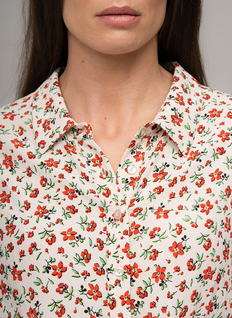 MAJORELLE EVERYDAY MIDAXI SHIRT DRESS IN IVORY/RED FLORAL PRINT