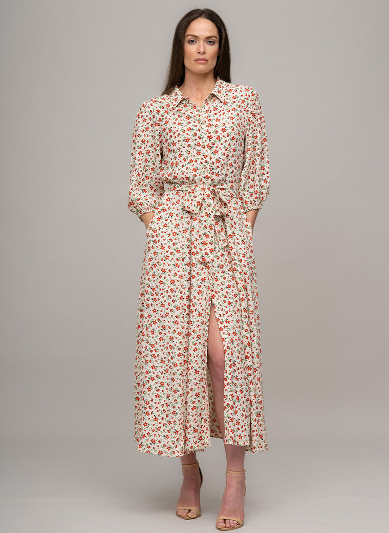 MAJORELLE EVERYDAY MIDAXI SHIRT DRESS IN IVORY/RED FLORAL PRINT