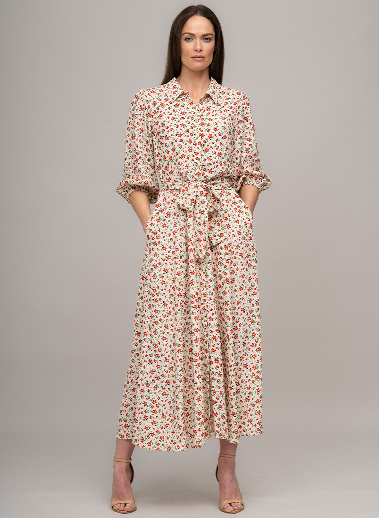 MAJORELLE EVERYDAY MIDAXI SHIRT DRESS IN IVORY/RED FLORAL PRINT