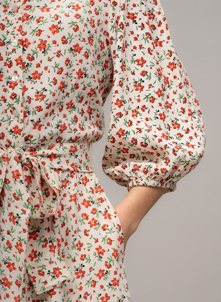 MAJORELLE EVERYDAY MIDAXI SHIRT DRESS IN IVORY/RED FLORAL PRINT