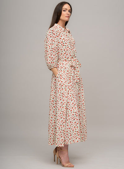 MAJORELLE EVERYDAY MIDAXI SHIRT DRESS IN IVORY/RED FLORAL PRINT