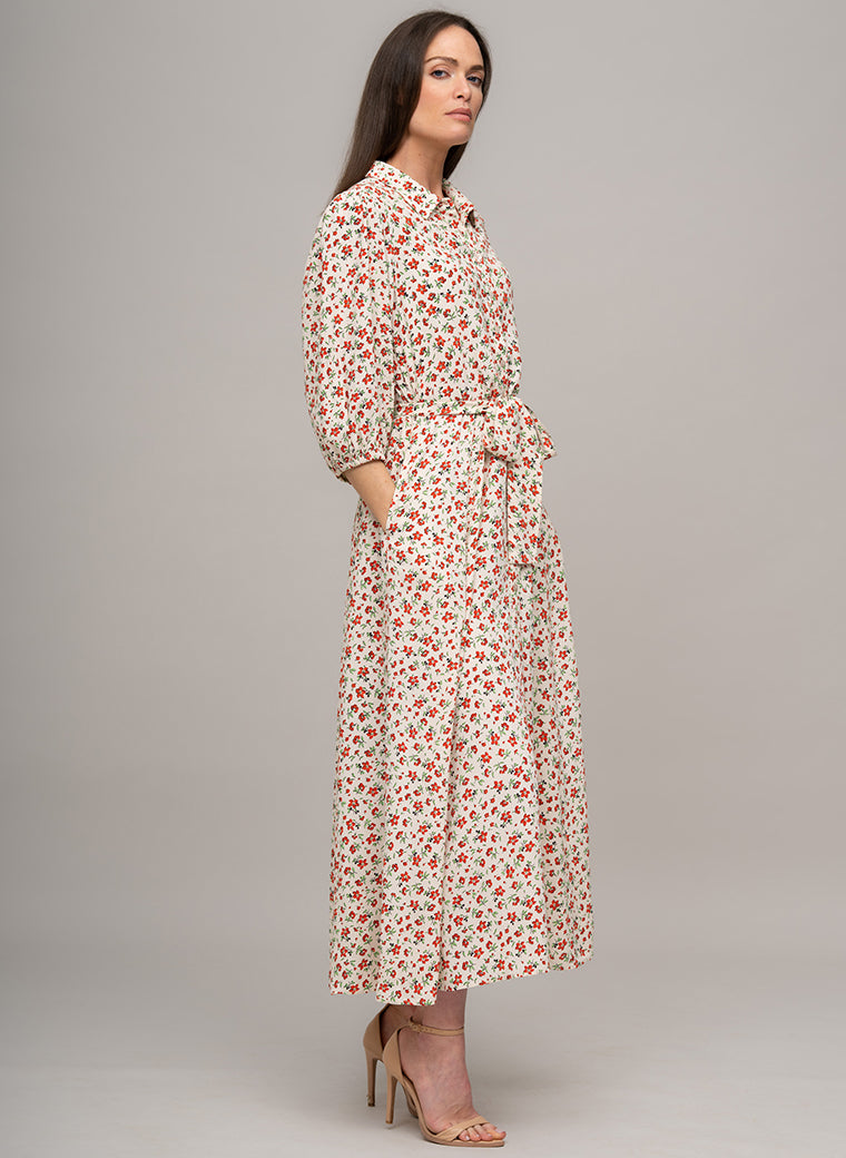 MAJORELLE EVERYDAY MIDAXI SHIRT DRESS IN IVORY/RED FLORAL PRINT