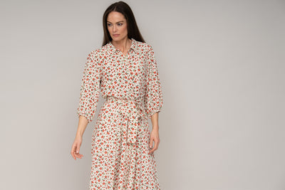 MAJORELLE EVERYDAY MIDAXI SHIRT DRESS IN IVORY/RED FLORAL PRINT
