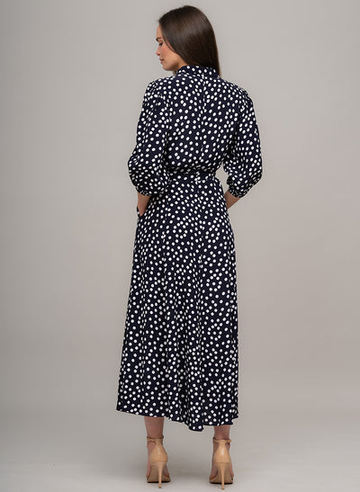MAJORELLE EVERYDAY MIDAXI SHIRT DRESS IN NAVY/WHITE POLKA DOT PRINT