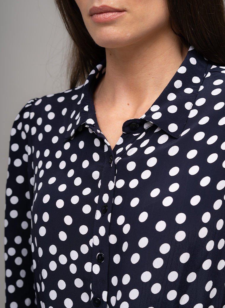 MAJORELLE EVERYDAY MIDAXI SHIRT DRESS IN NAVY/WHITE POLKA DOT PRINT