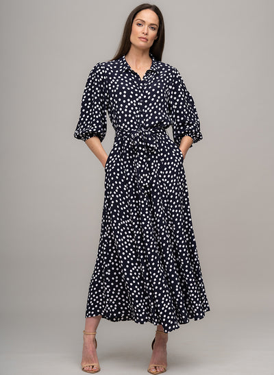 MAJORELLE EVERYDAY MIDAXI SHIRT DRESS IN NAVY/WHITE POLKA DOT PRINT