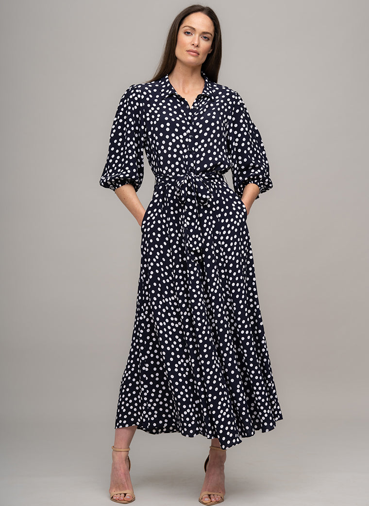 MAJORELLE EVERYDAY MIDAXI SHIRT DRESS IN NAVY/WHITE POLKA DOT PRINT