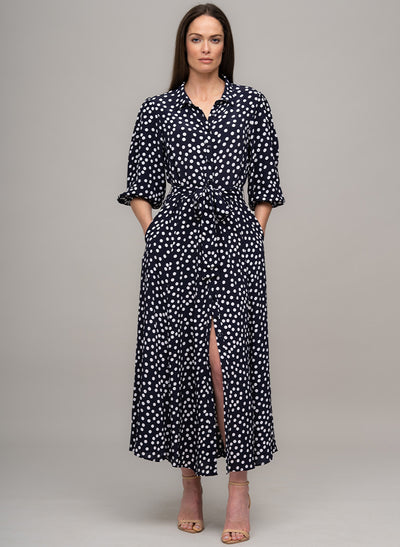 MAJORELLE EVERYDAY MIDAXI SHIRT DRESS IN NAVY/WHITE POLKA DOT PRINT
