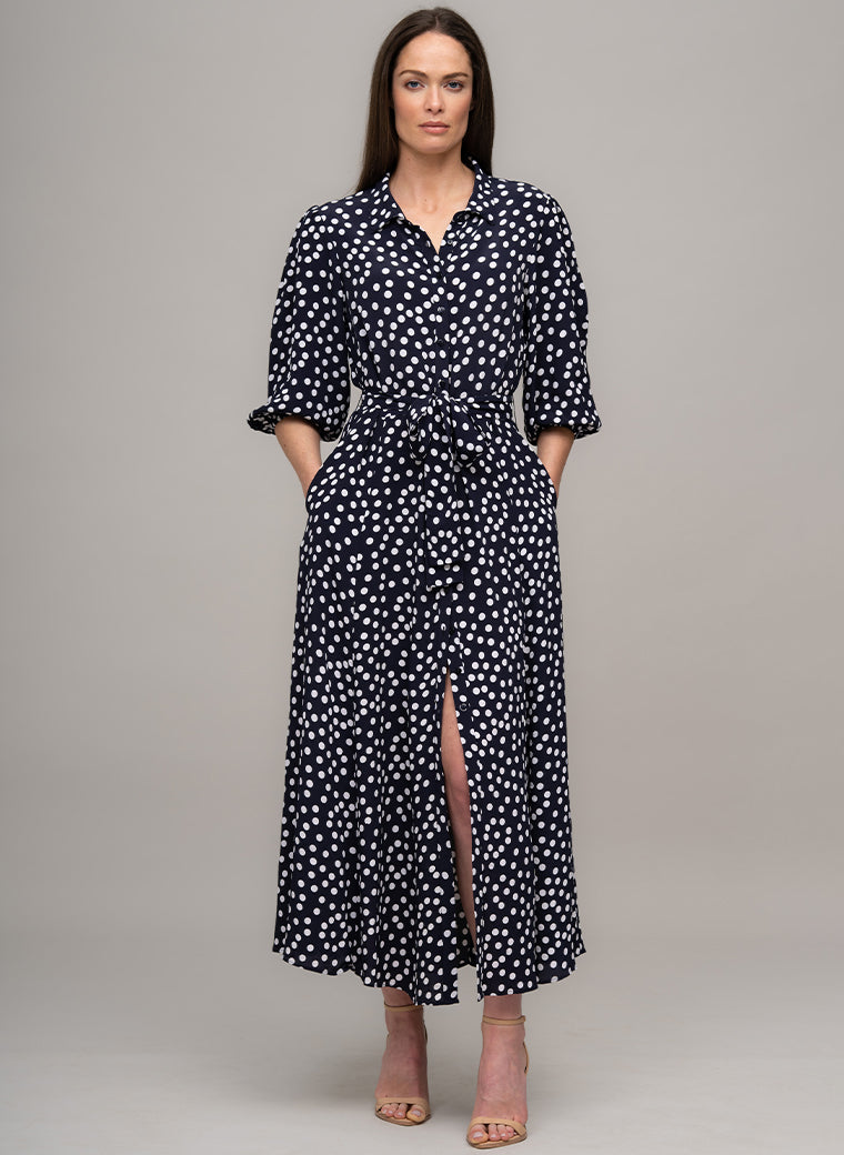MAJORELLE EVERYDAY MIDAXI SHIRT DRESS IN NAVY/WHITE POLKA DOT PRINT