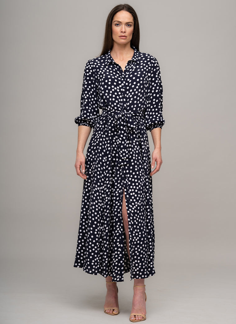 MAJORELLE EVERYDAY MIDAXI SHIRT DRESS IN NAVY/WHITE POLKA DOT PRINT