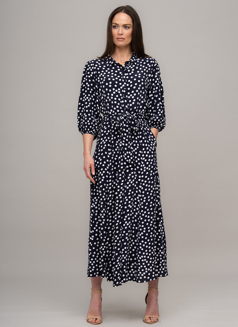 MAJORELLE EVERYDAY MIDAXI SHIRT DRESS IN NAVY/WHITE POLKA DOT PRINT