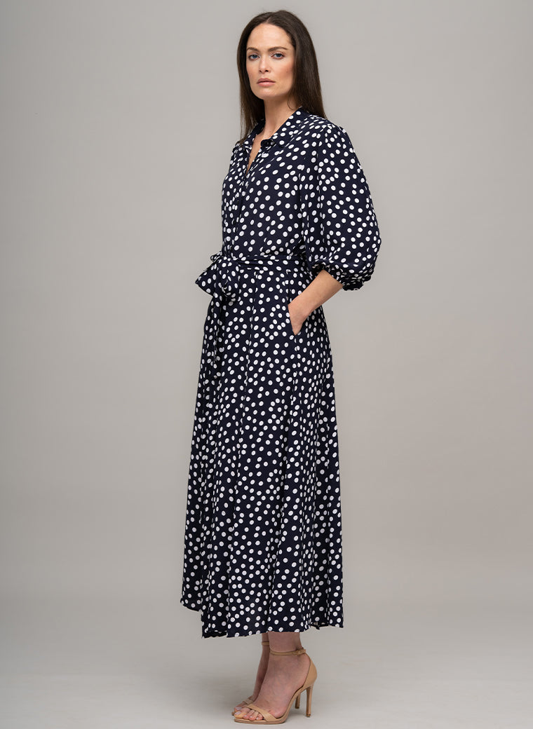 MAJORELLE EVERYDAY MIDAXI SHIRT DRESS IN NAVY/WHITE POLKA DOT PRINT