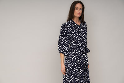 MAJORELLE EVERYDAY MIDAXI SHIRT DRESS IN NAVY/WHITE POLKA DOT PRINT