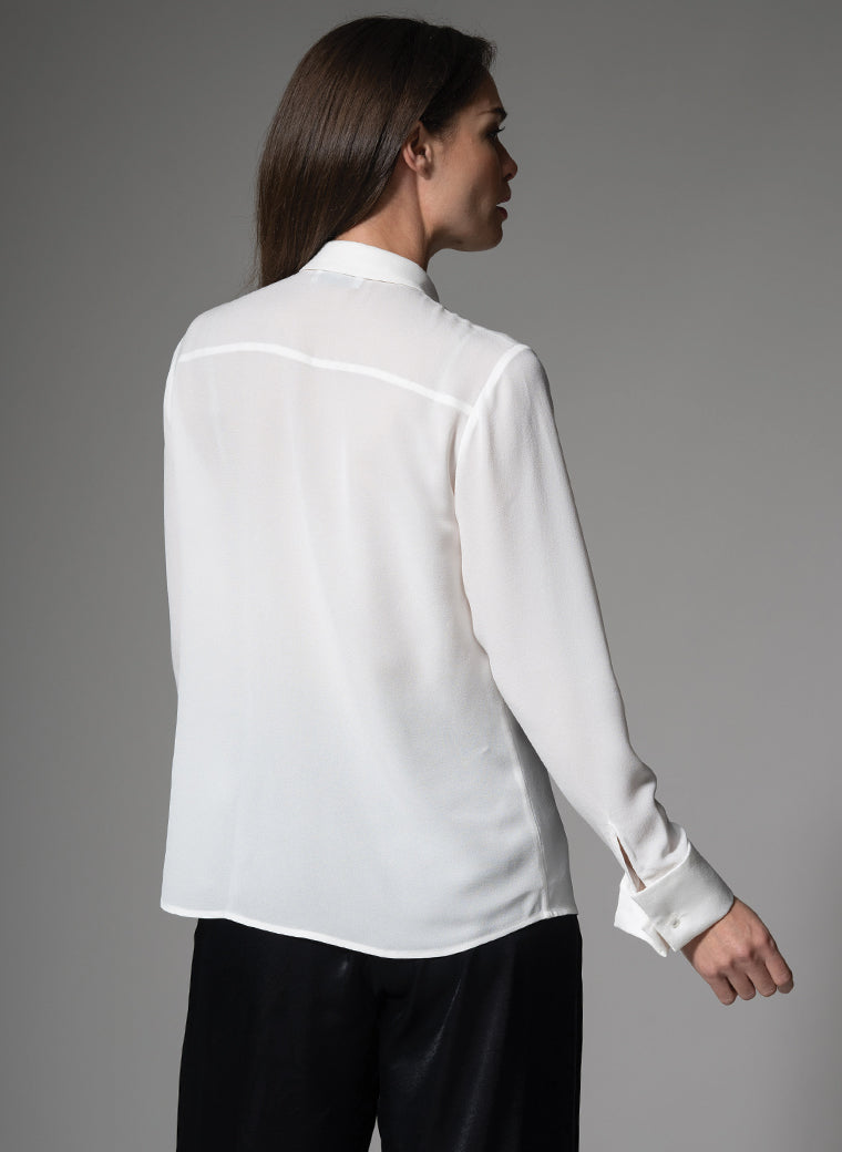 MARIANNA 100% SILK CREPE DE CHINE IVORY BLOUSE WITH CASCADING FRILL