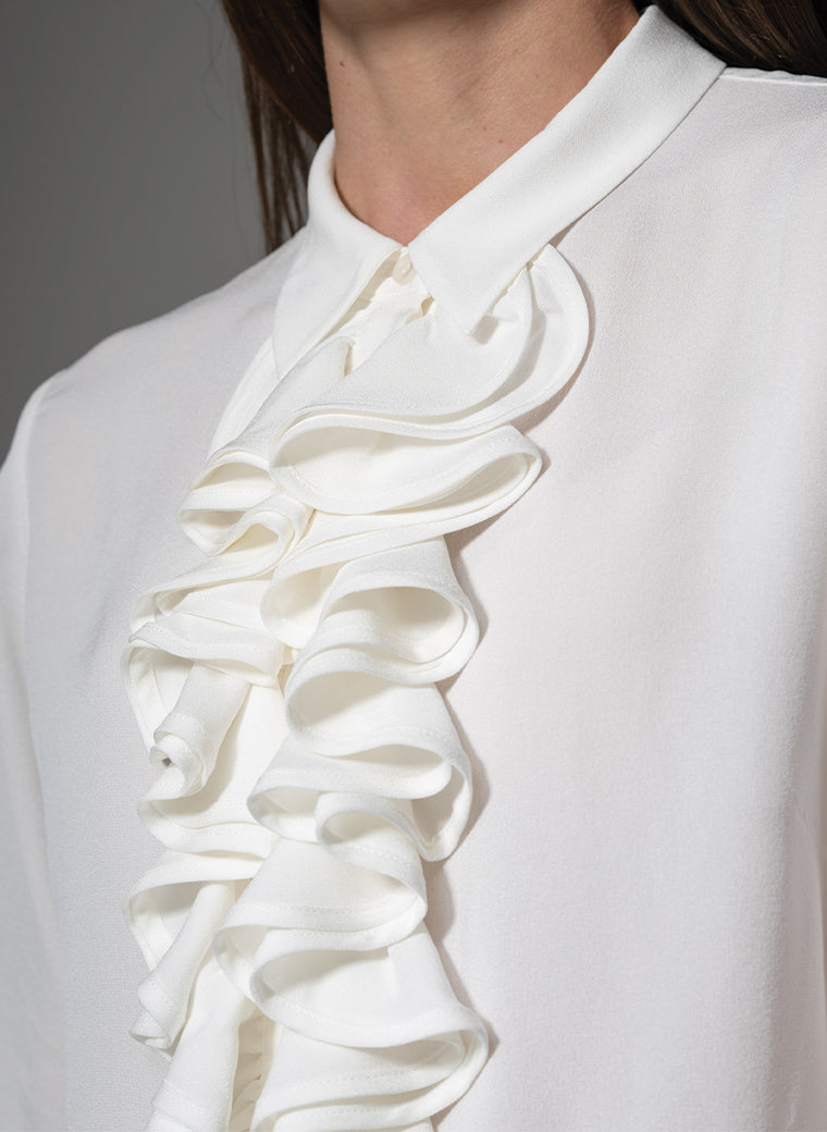 MARIANNA 100% SILK CREPE DE CHINE IVORY BLOUSE WITH CASCADING FRILL