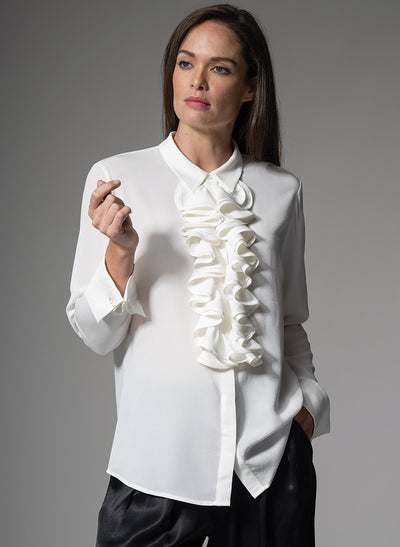 MARIANNA 100% SILK CREPE DE CHINE IVORY BLOUSE WITH CASCADING FRILL