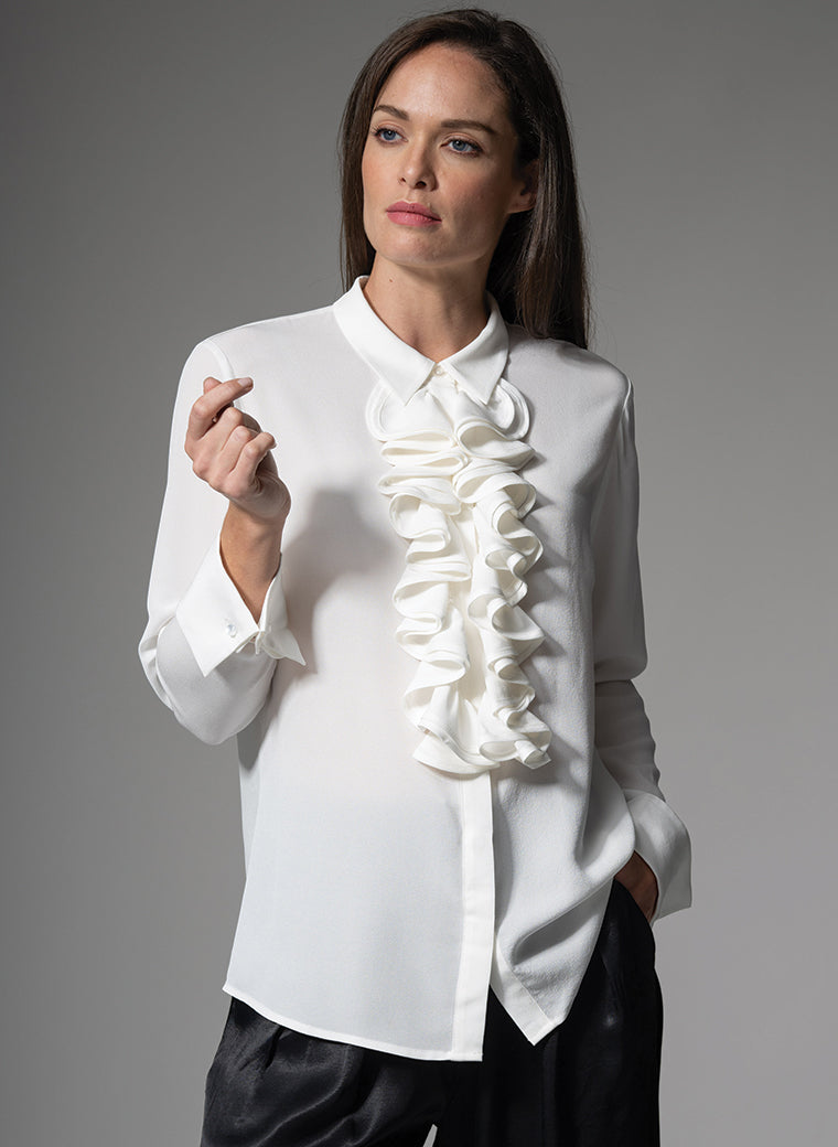 MARIANNA 100 SILK CREPE DE CHINE IVORY BLOUSE WITH CASCADING FRILL
