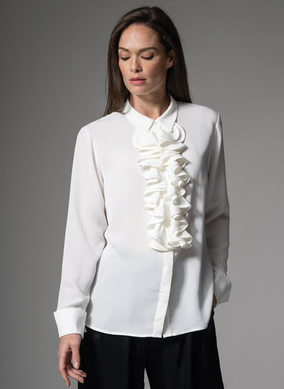 MARIANNA 100% SILK CREPE DE CHINE IVORY BLOUSE WITH CASCADING FRILL