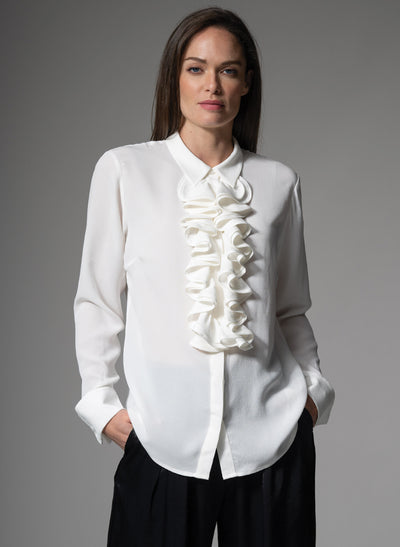 MARIANNA 100% SILK CREPE DE CHINE IVORY BLOUSE WITH CASCADING FRILL