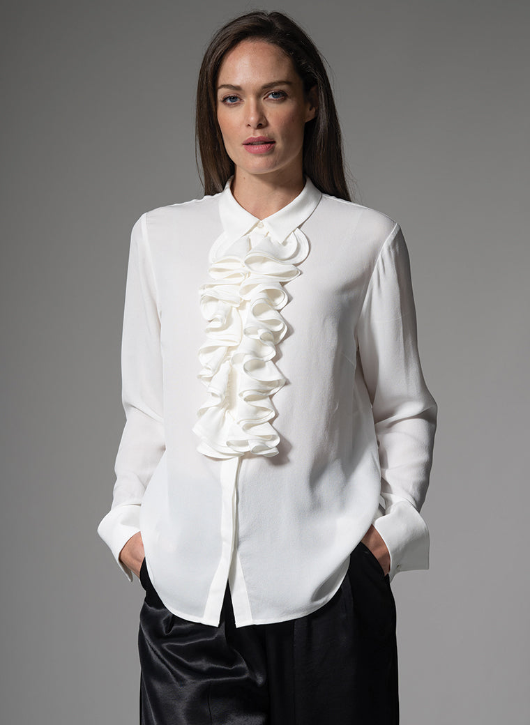 MARIANNA 100% SILK CREPE DE CHINE IVORY BLOUSE WITH CASCADING FRILL