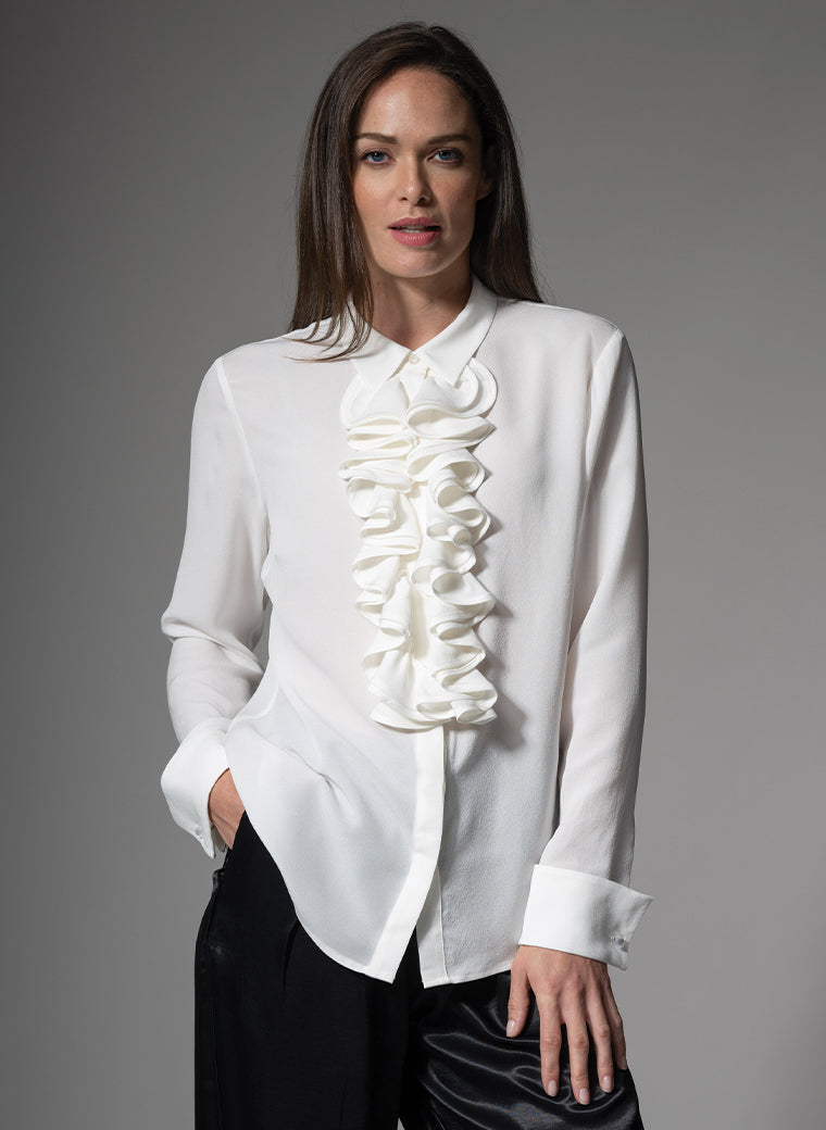 MARIANNA 100% SILK CREPE DE CHINE IVORY BLOUSE WITH CASCADING FRILL