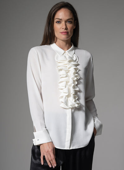 MARIANNA 100% SILK CREPE DE CHINE IVORY BLOUSE WITH CASCADING FRILL