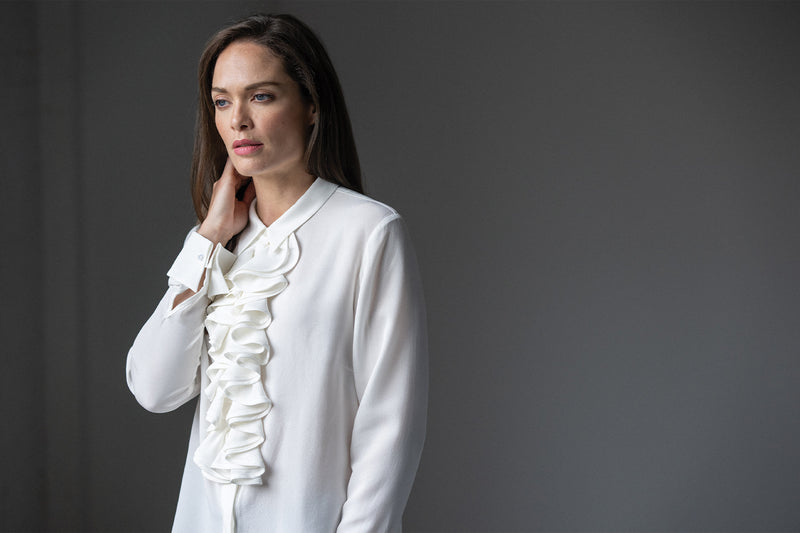 MARIANNA 100% SILK CREPE DE CHINE IVORY BLOUSE WITH CASCADING FRILL
