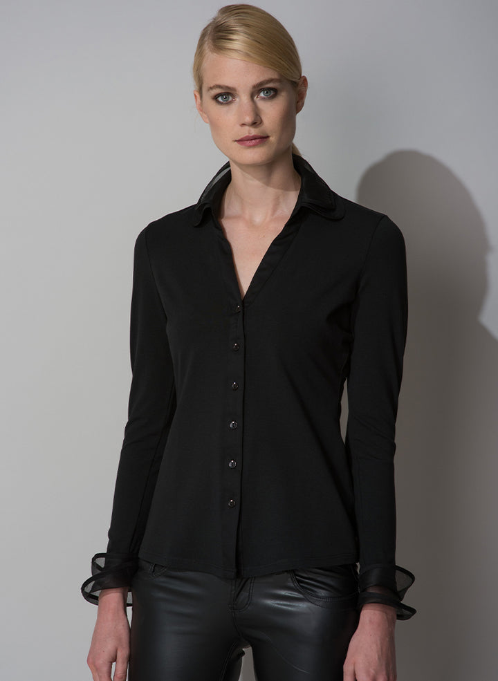MARICA BLACK V NECK JERSEY SHIRT WITH ORGANDIE TRIM