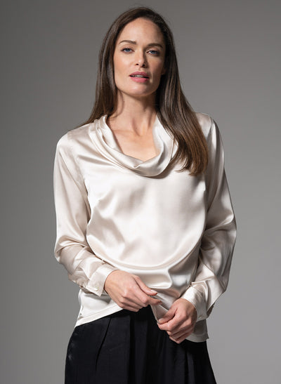 MONTANA COWL NECK SILK SATIN EVENING BLOUSE IN OYSTER