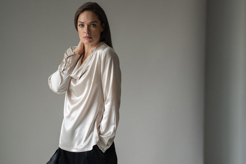MONTANA COWL NECK SILK SATIN EVENING BLOUSE IN OYSTER