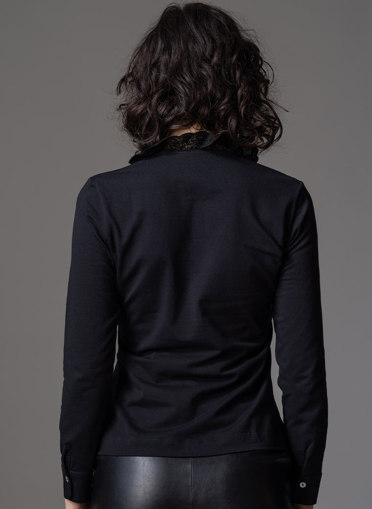 ODETTE BLACK BRODERIE ANGLAISE LACE FRONT JERSEY SHIRT
