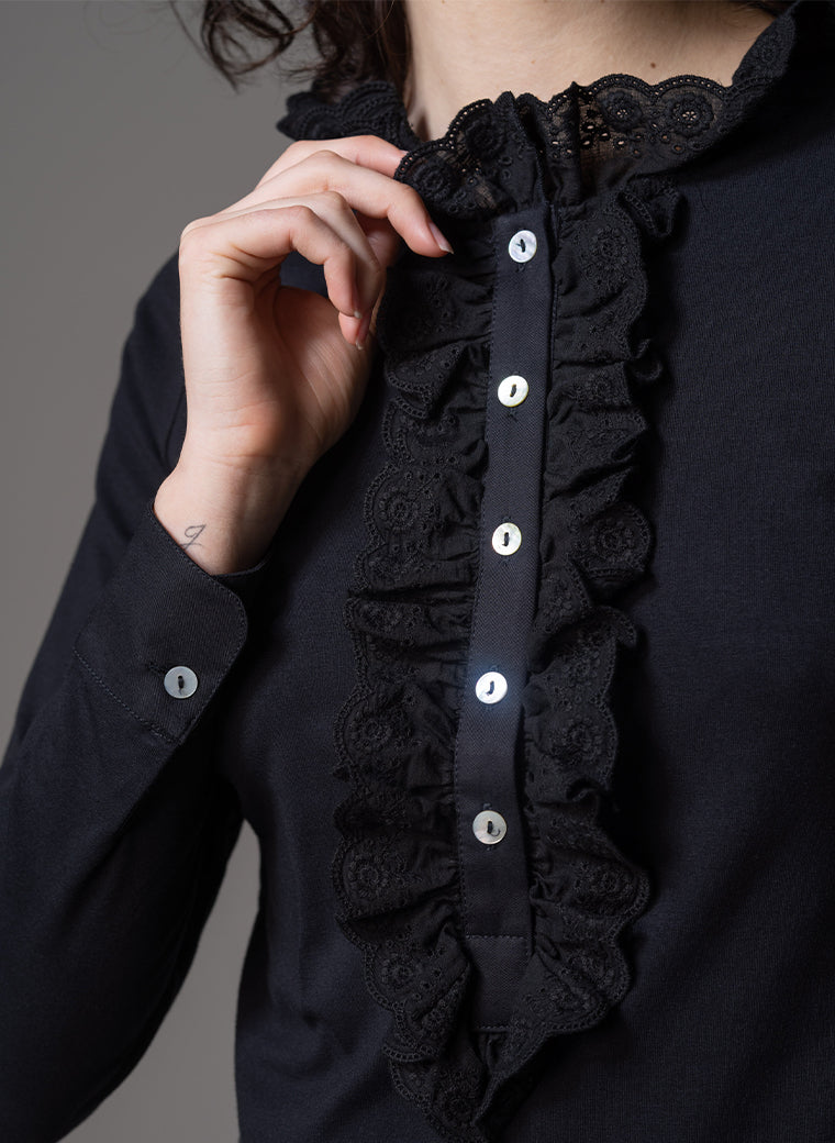 ODETTE BLACK BRODERIE ANGLAISE LACE FRONT JERSEY SHIRT
