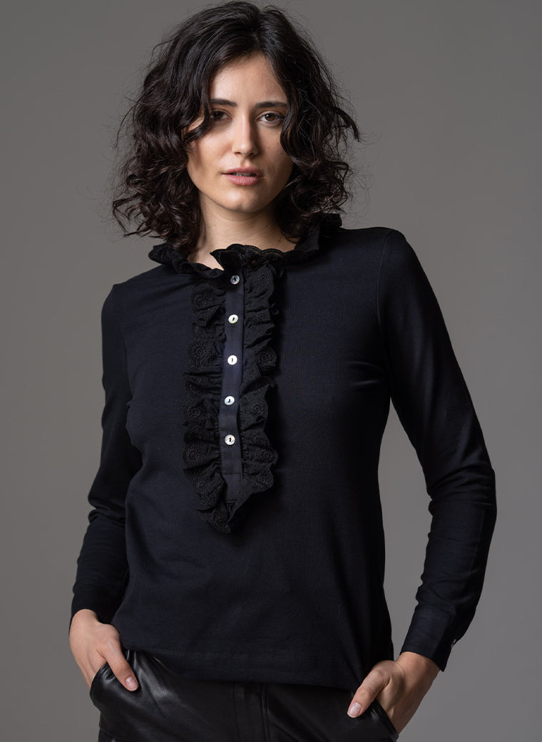 ODETTE BLACK BRODERIE ANGLAISE LACE FRONT JERSEY SHIRT