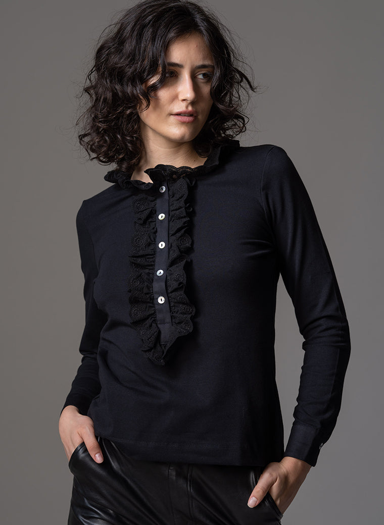 ODETTE BLACK BRODERIE ANGLAISE LACE FRONT JERSEY SHIRT