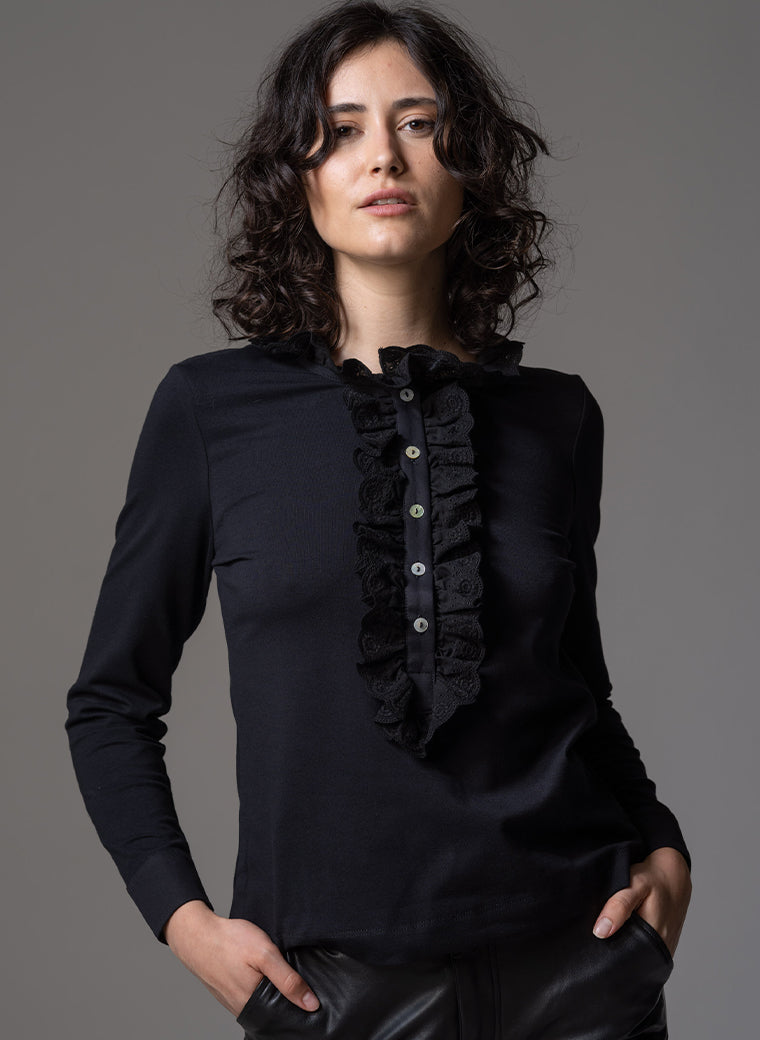 ODETTE BLACK BRODERIE ANGLAISE LACE FRONT JERSEY SHIRT