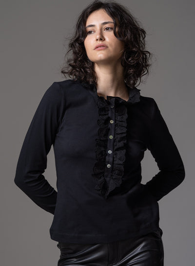 ODETTE BLACK BRODERIE ANGLAISE LACE FRONT JERSEY SHIRT