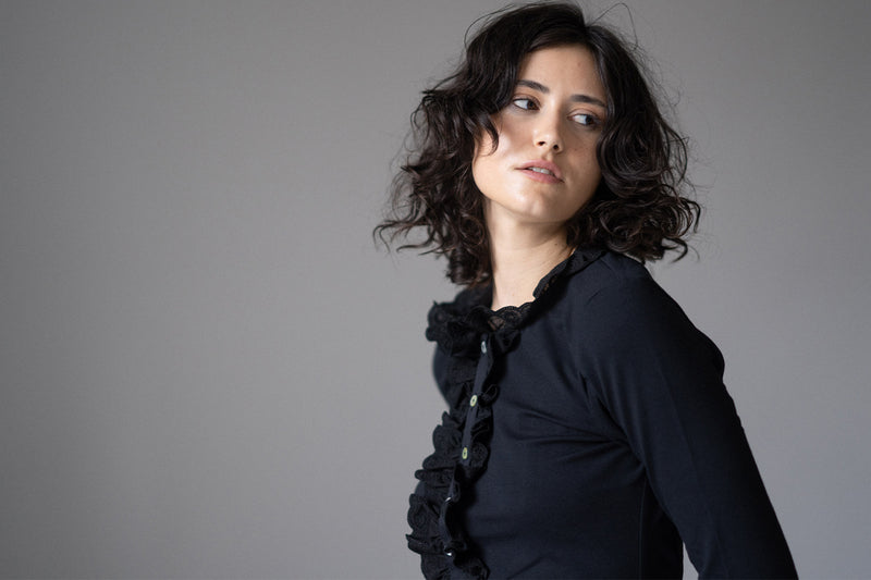ODETTE BLACK BRODERIE ANGLAISE LACE FRONT JERSEY SHIRT