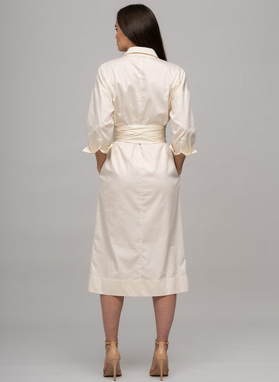 OTTILIE COTTON SATEEN EVERYDAY WORKWEAR MIDI SHIRT DRESS WITH OBI BELT IN ECRU