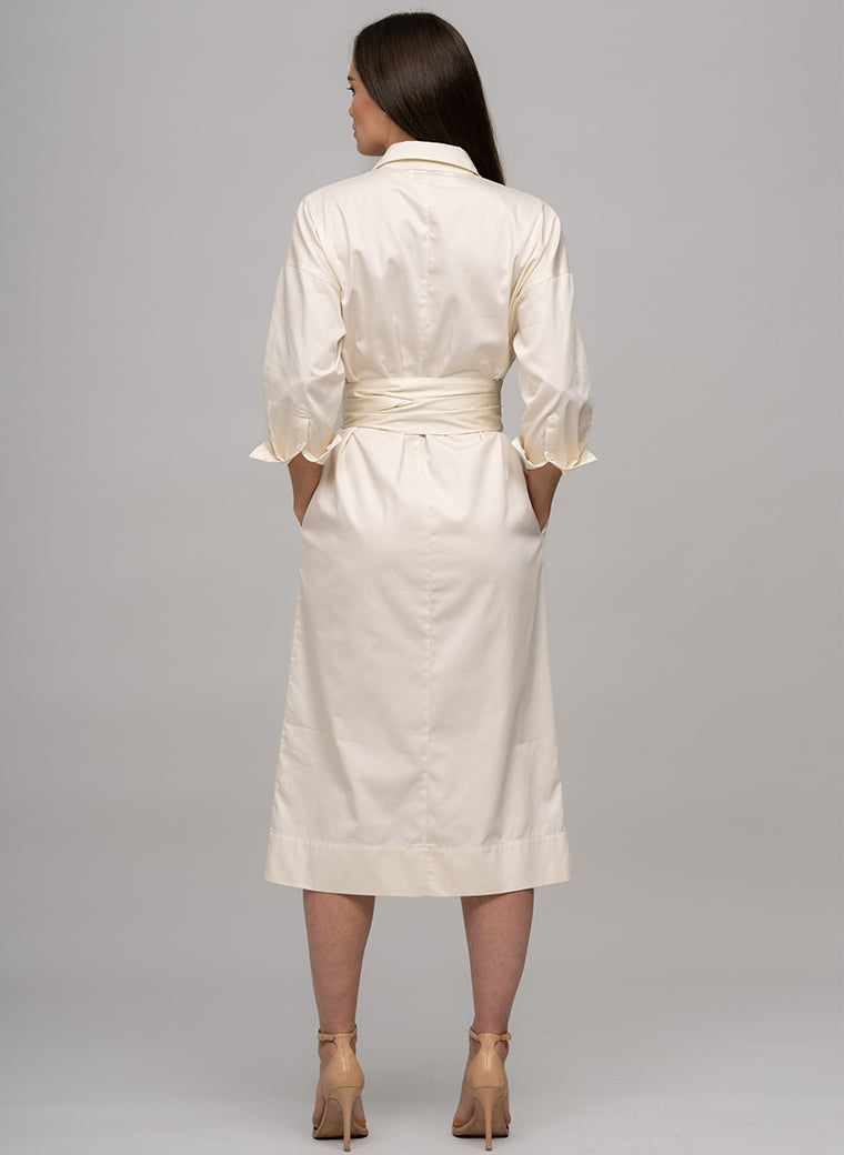 OTTILIE COTTON SATEEN EVERYDAY WORKWEAR MIDI SHIRT DRESS WITH OBI BELT IN ECRU
