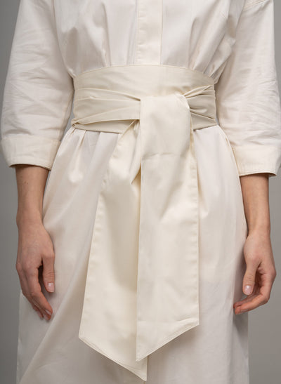 OTTILIE COTTON SATEEN EVERYDAY WORKWEAR MIDI SHIRT DRESS WITH OBI BELT IN ECRU