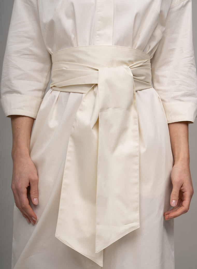 OTTILIE COTTON SATEEN EVERYDAY WORKWEAR MIDI SHIRT DRESS WITH OBI BELT IN ECRU