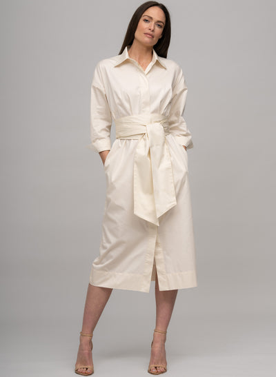 OTTILIE COTTON SATEEN EVERYDAY WORKWEAR MIDI SHIRT DRESS WITH OBI BELT IN ECRU