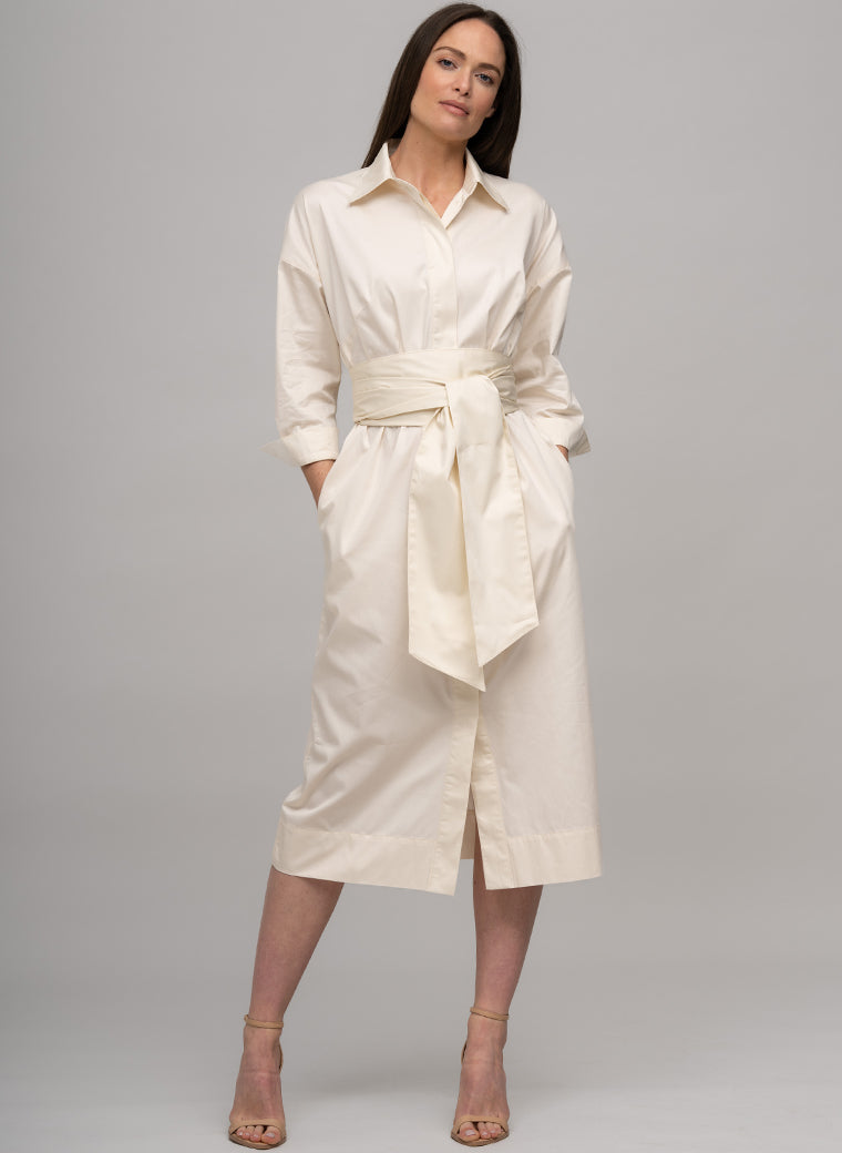 OTTILIE COTTON SATEEN EVERYDAY WORKWEAR MIDI SHIRT DRESS WITH OBI BELT IN ECRU