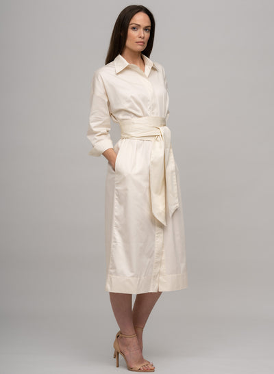 OTTILIE COTTON SATEEN EVERYDAY WORKWEAR MIDI SHIRT DRESS WITH OBI BELT IN ECRU