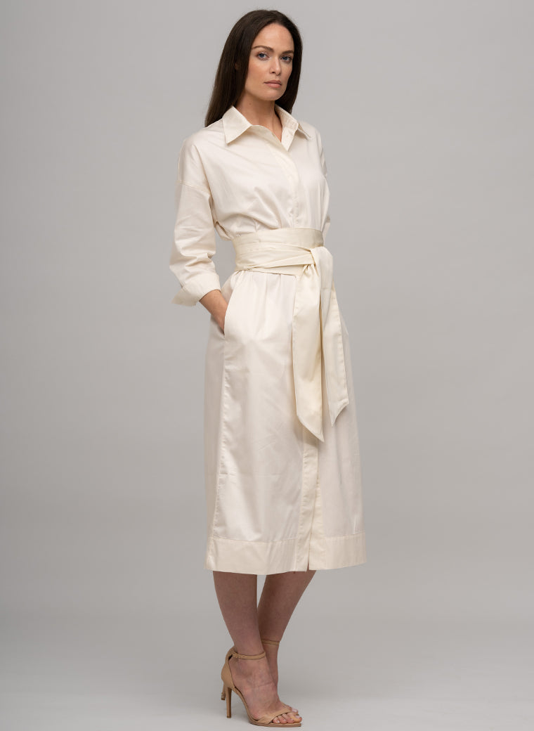 OTTILIE COTTON SATEEN EVERYDAY WORKWEAR MIDI SHIRT DRESS WITH OBI BELT IN ECRU