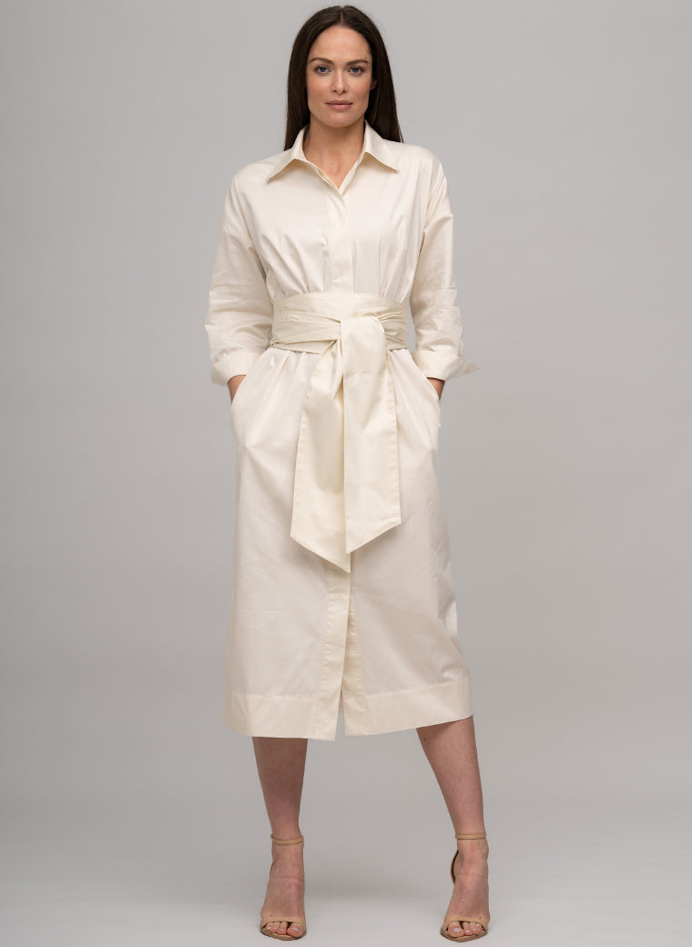 OTTILIE COTTON SATEEN EVERYDAY WORKWEAR MIDI SHIRT DRESS WITH OBI BELT IN ECRU