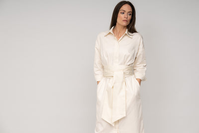OTTILIE COTTON SATEEN EVERYDAY WORKWEAR MIDI SHIRT DRESS WITH OBI BELT IN ECRU