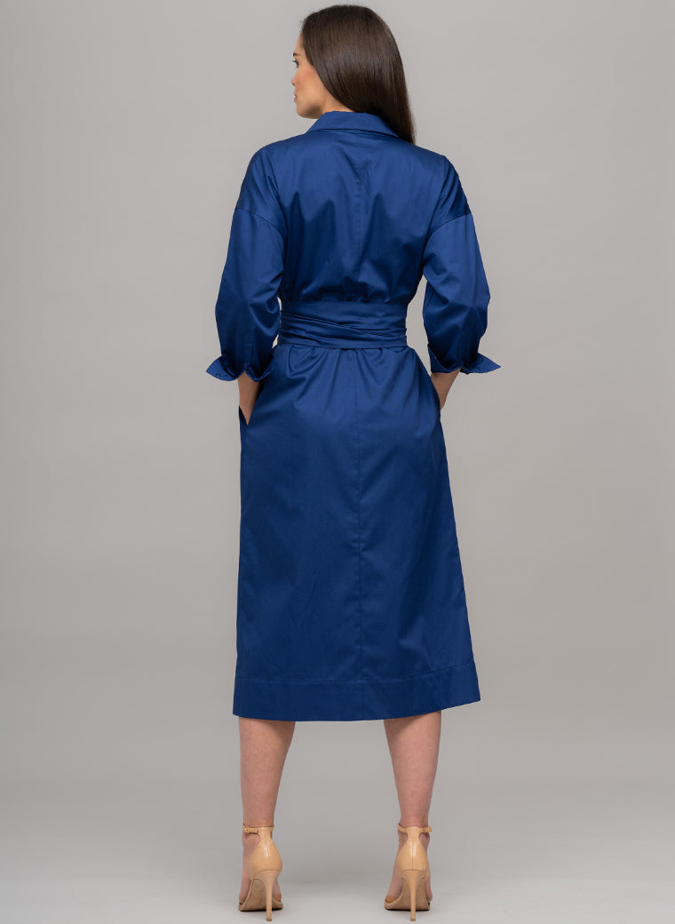 OTTILIE COTTON SATEEN EVERYDAY WORKWEAR MIDI SHIRT DRESS WITH OBI BELT IN ROYAL BLUE